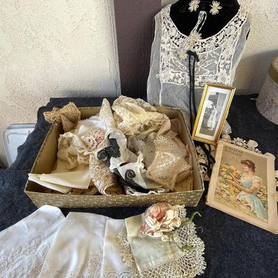 LOT 172 Group Antique Lace Pieces Collars Dress Pieces Handkerchiefs Bias Coat Dress