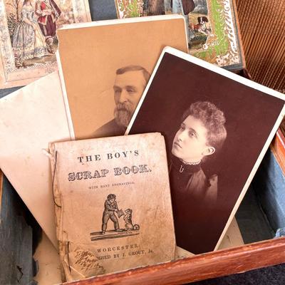 LOT 181 Childs Keepsake Box Cabinet Cards Baby Bonnet First Primer Bisque Doll +