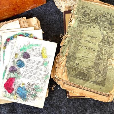 LOT 181 Childs Keepsake Box Cabinet Cards Baby Bonnet First Primer Bisque Doll +