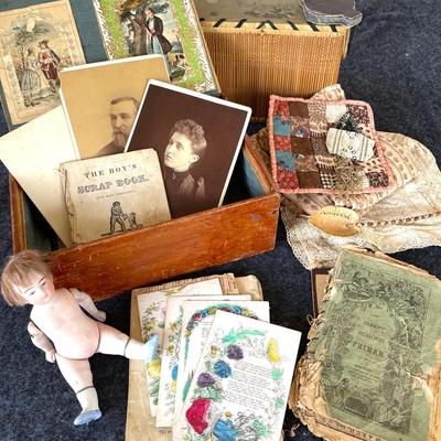 LOT 181 Childs Keepsake Box Cabinet Cards Baby Bonnet First Primer Bisque Doll +