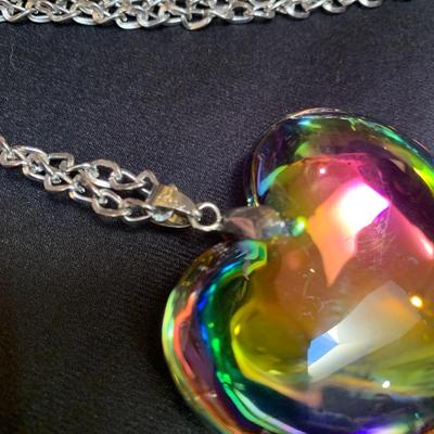 36â€ Vintage 18k gold plated huge rainbow glass heart necklace