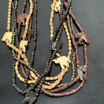 24â€ Wood Beaded Multi Strand Necklace With Elephants