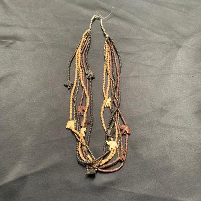 24â€ Wood Beaded Multi Strand Necklace With Elephants