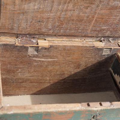 19TH CENTURY PRIMITIVE SM. CHEST ORIGINAL GREEN PAINT LIFT TOP