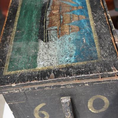 1820-1830'S HAND PAINTED WITH SCHOONER/ INITIALLED / STORAGE CHEST W/ HANDLES.