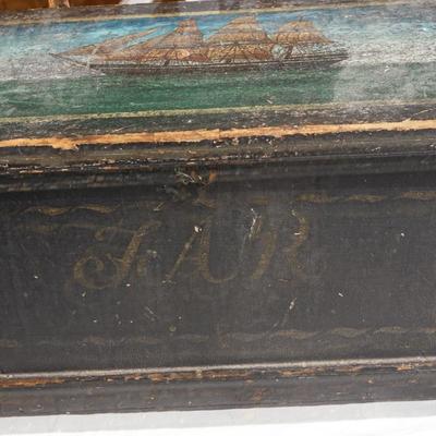 1820-1830'S HAND PAINTED WITH SCHOONER/ INITIALLED / STORAGE CHEST W/ HANDLES.