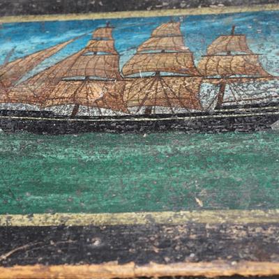 1820-1830'S HAND PAINTED WITH SCHOONER/ INITIALLED / STORAGE CHEST W/ HANDLES.