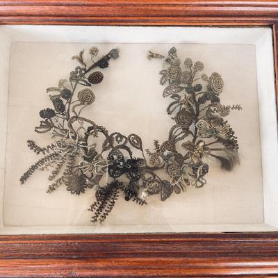 LOT 183 Antique Victorian Mourning Wreath Made of Hair Framed Under Glass Shadow Box