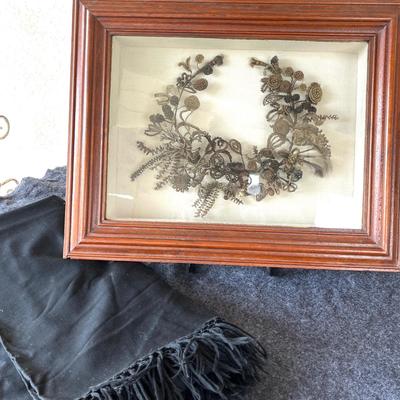 LOT 183 Antique Victorian Mourning Wreath Made of Hair Framed Under Glass Shadow Box