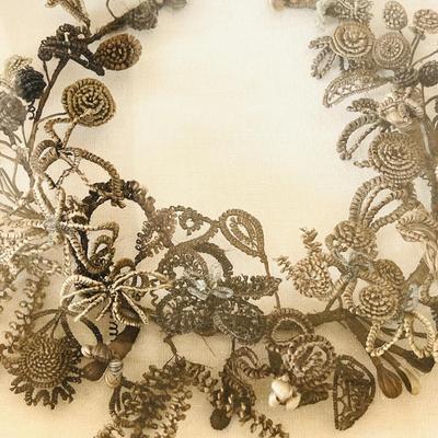 LOT 183 Antique Victorian Mourning Wreath Made of Hair Framed Under Glass Shadow Box