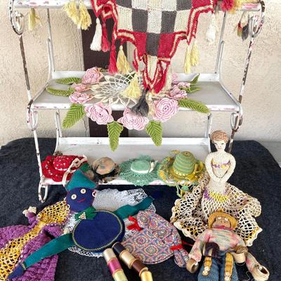LOT 188 Crochet Crafts Table Matt Dolls Hat Pincushions Doily w/Roses +