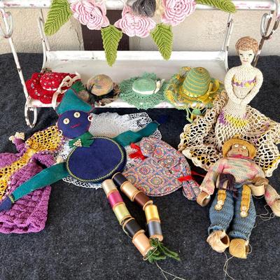 LOT 188 Crochet Crafts Table Matt Dolls Hat Pincushions Doily w/Roses +