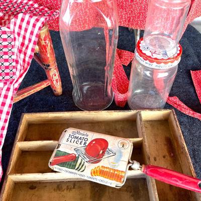 LOT 191 Vintage Kitchen Group Painted Kids Chair Aprons Jars Wooden Tray Cloths Pin Bag