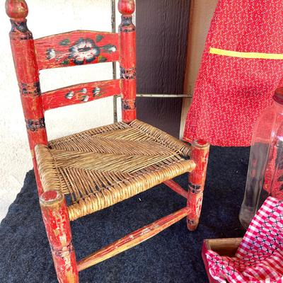 LOT 191 Vintage Kitchen Group Painted Kids Chair Aprons Jars Wooden Tray Cloths Pin Bag