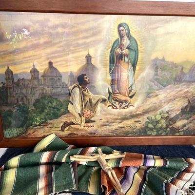 LOT 195 Framed Print "Our Lady of Guadalupe" Woven Cotton Runner + Wooden Crucifix