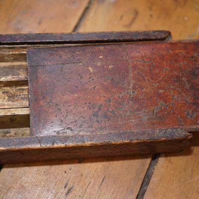 ANTIQUE PUZZLE BAG "NATIONAL SAVINGS BANK HOUSE" & TWO HAND CRAFTED PRIMITIVE SLIDING TOP BOXES.