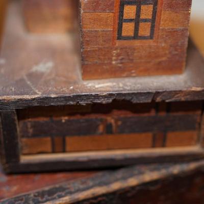 ANTIQUE PUZZLE BAG "NATIONAL SAVINGS BANK HOUSE" & TWO HAND CRAFTED PRIMITIVE SLIDING TOP BOXES.