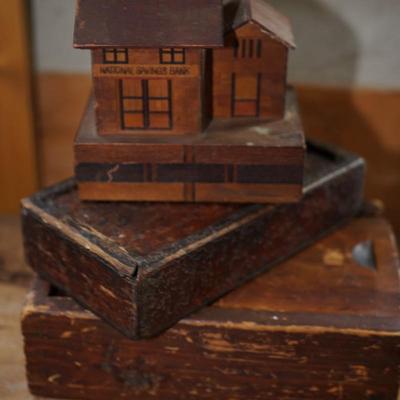 ANTIQUE PUZZLE BAG "NATIONAL SAVINGS BANK HOUSE" & TWO HAND CRAFTED PRIMITIVE SLIDING TOP BOXES.