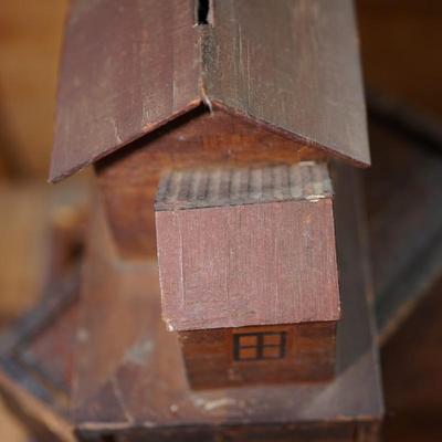 ANTIQUE PUZZLE BAG "NATIONAL SAVINGS BANK HOUSE" & TWO HAND CRAFTED PRIMITIVE SLIDING TOP BOXES.