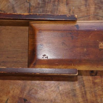 ANTIQUE PUZZLE BAG "NATIONAL SAVINGS BANK HOUSE" & TWO HAND CRAFTED PRIMITIVE SLIDING TOP BOXES.