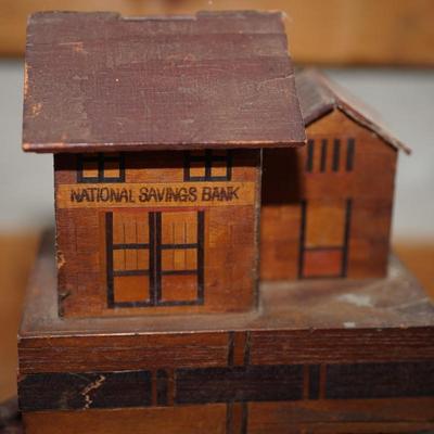 ANTIQUE PUZZLE BAG "NATIONAL SAVINGS BANK HOUSE" & TWO HAND CRAFTED PRIMITIVE SLIDING TOP BOXES.