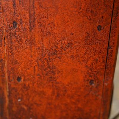 RARE EARLY 18TH - 19TH CENTURY WALL HANGING CANDLE BOX W/ ORIGINAL ORANGE PAINT / TWO DRAWERS HAND MADE