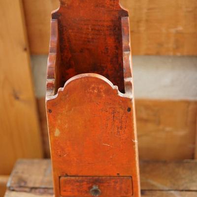 RARE EARLY 18TH - 19TH CENTURY WALL HANGING CANDLE BOX W/ ORIGINAL ORANGE PAINT / TWO DRAWERS HAND MADE
