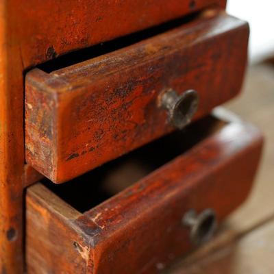 RARE EARLY 18TH - 19TH CENTURY WALL HANGING CANDLE BOX W/ ORIGINAL ORANGE PAINT / TWO DRAWERS HAND MADE