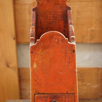 RARE EARLY 18TH - 19TH CENTURY WALL HANGING CANDLE BOX W/ ORIGINAL ORANGE PAINT / TWO DRAWERS HAND MADE