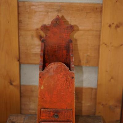 RARE EARLY 18TH - 19TH CENTURY WALL HANGING CANDLE BOX W/ ORIGINAL ORANGE PAINT / TWO DRAWERS HAND MADE