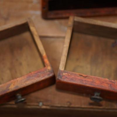 RARE EARLY 18TH - 19TH CENTURY WALL HANGING CANDLE BOX W/ ORIGINAL ORANGE PAINT / TWO DRAWERS HAND MADE