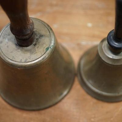 PAIR OF EARLY SCHOOL BELLS WITH TURNED HANDLES.