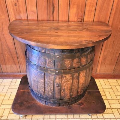 Lot #183  Vintage Mobile Bar Handmade from Beer Barrel - rolls