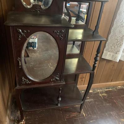 LOT 2: Antique Side by Side  Cabinet & Shelves w/Beveled Mirrors
