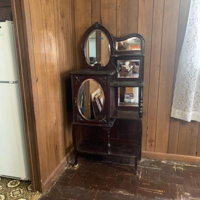 LOT 2: Antique Side by Side  Cabinet & Shelves w/Beveled Mirrors