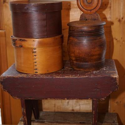 GROUPING OF PRIMITIVES TO INCLUDE TWO PANTRY BOXES, RED PAINTED STOOL AND A WALL HUNG WOODEN SALT BOX ROUND LIDDED