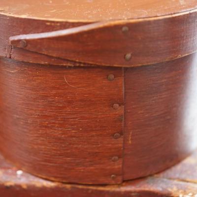 GROUPING OF PRIMITIVES TO INCLUDE TWO PANTRY BOXES, RED PAINTED STOOL AND A WALL HUNG WOODEN SALT BOX ROUND LIDDED