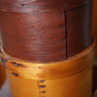 GROUPING OF PRIMITIVES TO INCLUDE TWO PANTRY BOXES, RED PAINTED STOOL AND A WALL HUNG WOODEN SALT BOX ROUND LIDDED