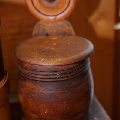 GROUPING OF PRIMITIVES TO INCLUDE TWO PANTRY BOXES, RED PAINTED STOOL AND A WALL HUNG WOODEN SALT BOX ROUND LIDDED