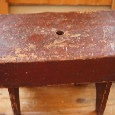 GROUPING OF PRIMITIVES TO INCLUDE TWO PANTRY BOXES, RED PAINTED STOOL AND A WALL HUNG WOODEN SALT BOX ROUND LIDDED