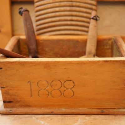 DATED 1878 WASH BOARD! , WOOD BOX DATED 1888 , TWO BUTTER PADDLES
