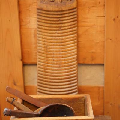 DATED 1878 WASH BOARD! , WOOD BOX DATED 1888 , TWO BUTTER PADDLES