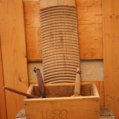 DATED 1878 WASH BOARD! , WOOD BOX DATED 1888 , TWO BUTTER PADDLES