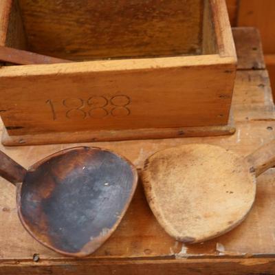 DATED 1878 WASH BOARD! , WOOD BOX DATED 1888 , TWO BUTTER PADDLES