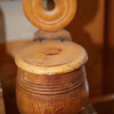 PRIMITIVE GROUPING OF HANGING WOODEN SALT BOX , HANGING CANDLE BOX , THREE BUTTER PADDLES