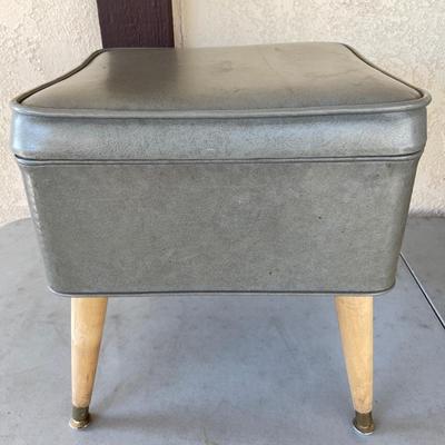 LOT 201 MCM Sewing Stool Vinyl Covered Wood Legs Hinged Cover Storage Inside