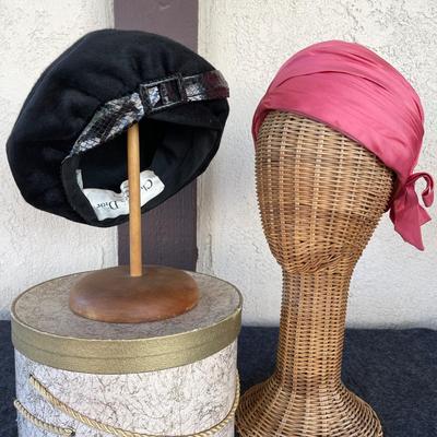 LOT 205 Vintage Christian Dior Beret Lizard Trim + Schiaparelli Hot Pink Straw Turban Hat