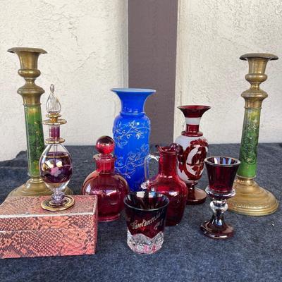 LOT 209 Group Antique Glass Vases Pitchers Souvenir Candle Sticks.