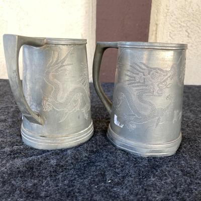 LOT 210 World War II Trench Art Metal Beer Mugs  Dragon Design Names Martha & Luren