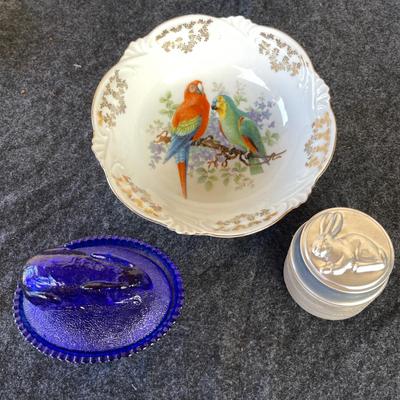 LOT 215 Antique Germany Parrot Bowl + 12 Bunny Molds + Contemporary Blue Bunny Covered Candy Dish